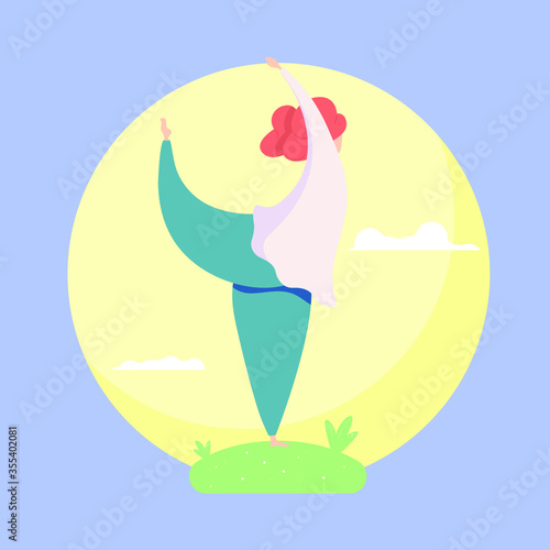 The girl does yoga, gymnastics in nature. Vector, flat cartoon. Concept: women's health, harmony, mood, asana, yoga, fitness, joint flexibility, weight loss, youth and beauty, menopause.