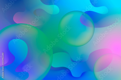 Abstract background in blue color, with figures of balls and bubbles. Vector fluid. Green and blue combination of abstract compositions. Abstract colored background with shapes and bubbles.