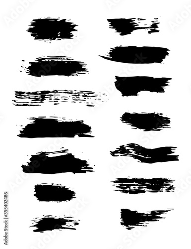 Set paint brush strokes. Grunge smudges texture. Scribbles ink brush. Acrylic blots. Sketch painted stripes. Black scribble stroke on white background. Freehand gouache textures. Paintbrush splatter
