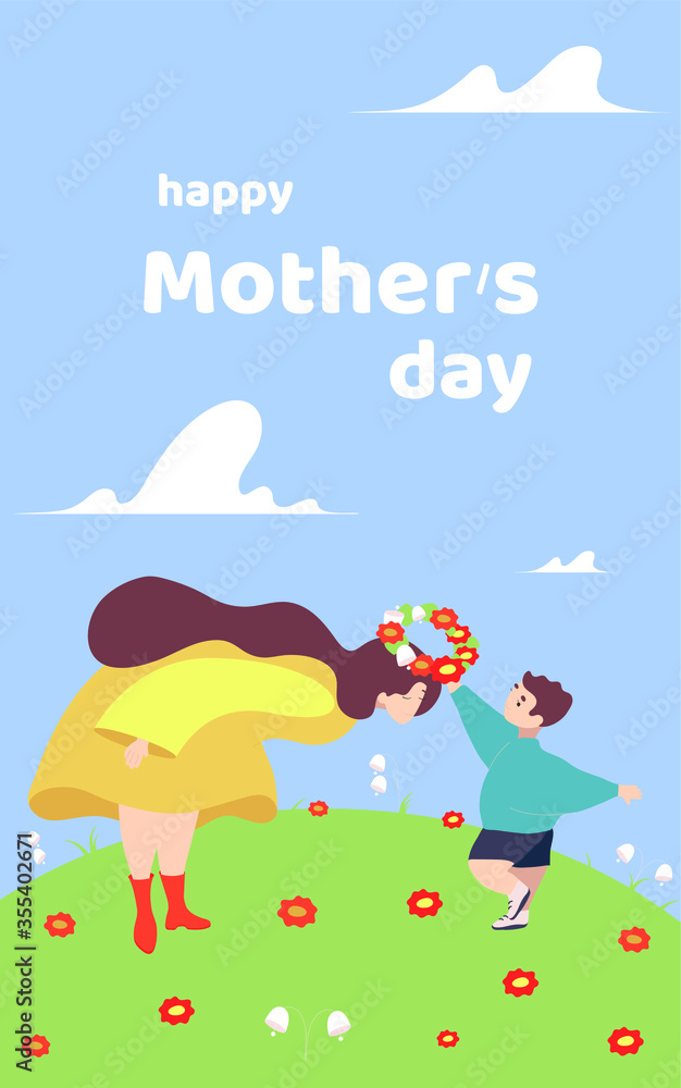 Fototapeta premium The boy gives a wreath of flowers to his mother. Vector flat cartoon illustration. Summer landscape inscription happy mother's day 