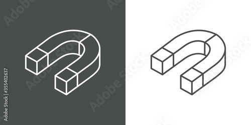 Icono plano lineal imán en perspectiva en fondo gris y fondo blanco