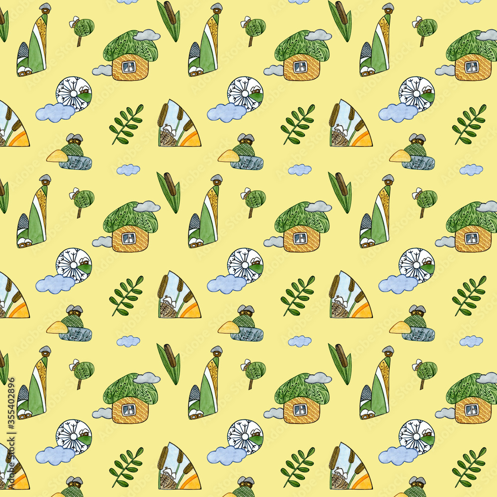 Obraz premium Seamless pattern with reeds, house and clouds