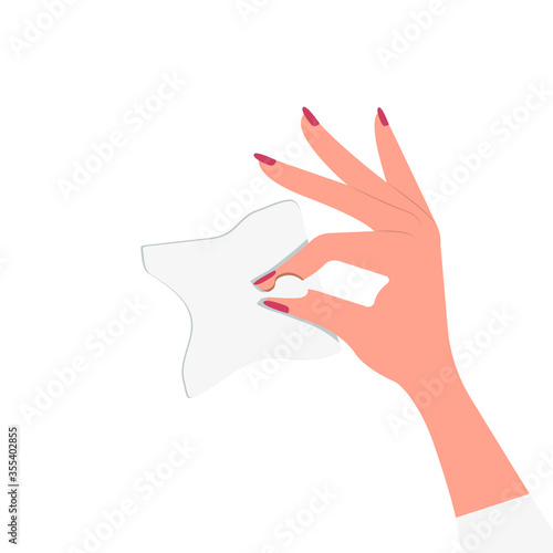 Wet wipe in hand. Hold a small paper scarf with your fingers. Vector illustration, flat cartoon design, eps 10.