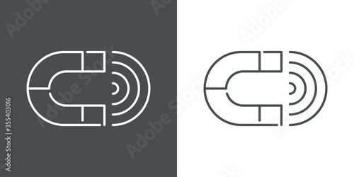 Icono plano lineal imán con ondas electromagnéticas en fondo gris y fondo blanco