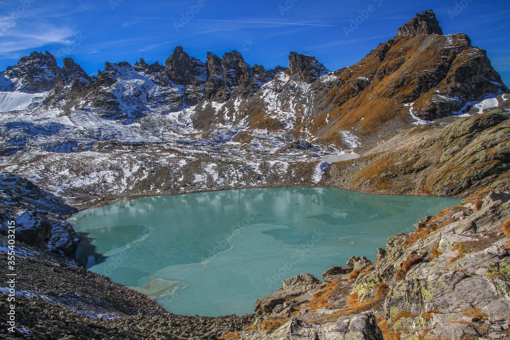 Obraz premium Landscape with glacier lake at mount Pizol, Switzerland