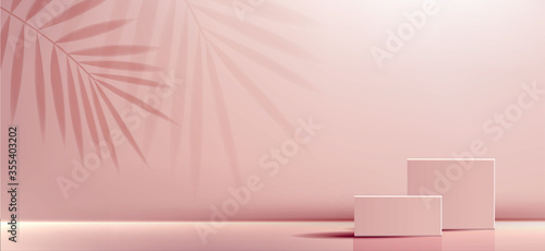 Cosmetic background for product, branding and packaging presentation. geometry form square molding on podium stage with shadow of leaf background. Vector illustration design.