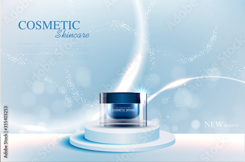 Hydrating facial skincare for annual sale or festival sale. silver blue cream mask bottle isolated on glitter particles background for product presentation. Graceful cosmetic ads, Vector illustration