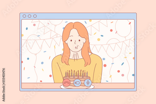 Celebration, online, birthday, holiday, quarantine, coronavirus concept. Young woman girl cartoon character celebrates birthday remotely blowing cake candles. Self isolation party on 2019ncov lockdown