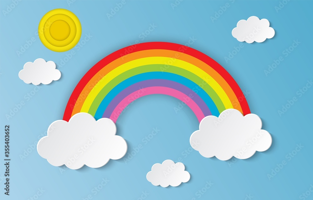 Cloud and Rainbow in the Blue sky with paper art style the concept is summer season. background for children bedroom, baby room decor. Vector illustration