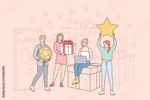 Rating, feedback, online, ecommerce concept. Young men and women consumers cartoon characters standing with star laptop box and coin. Customer loaylty program and giving rewards and gifts illustration