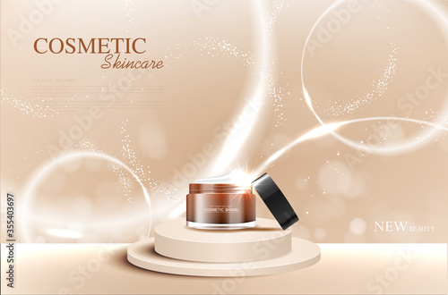 Hydrating facial skincare for annual sale or festival sale. brown cream mask bottle isolated on glitter particles background for product presentation. Graceful cosmetic ads, Vector illustration