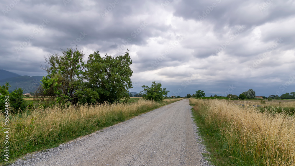 A deserted dirt road in the Tuscan countryside against a dark sky full of clouds, Bientina, Italy