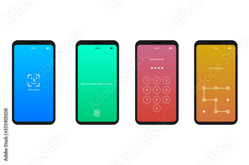 Screen authentication lock. Face unlock, fingerprint, passcode method. Smartphone security with password access. Privacy illustration. Lock your mobile. Lockscreen on mobile. Vector EPS 10.