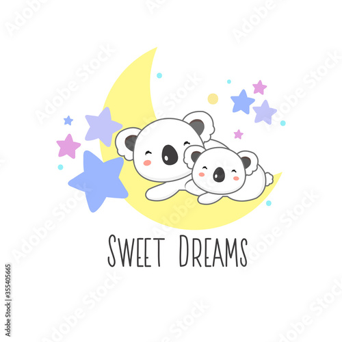 Cute Cartoon Koala and baby sleep on the moon