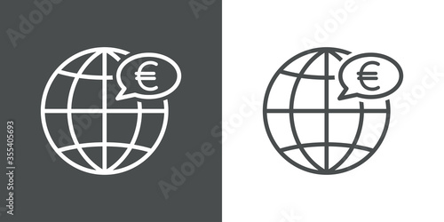 Icono plano lineal globo terráqueo con euro en burbuja de habla en fondo gris y fondo blanco