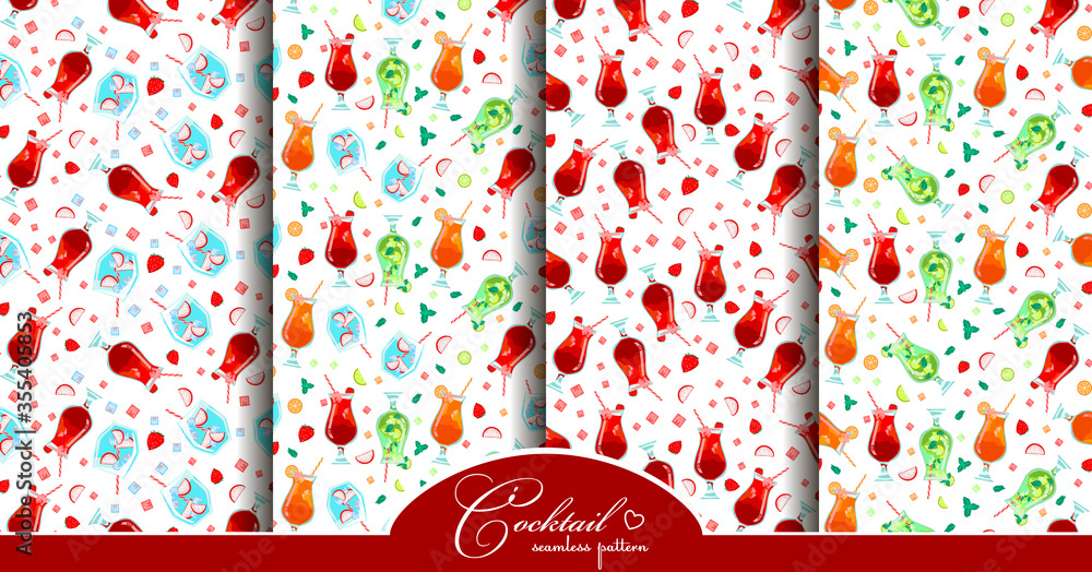 Fototapeta premium Alcoholic juices cocktails - Seamless pattern. Ice, strawberry, dragon fruit in glass. Juicy fruit on white background. Vector summer bar menu illustration. Print set for cover, fabric, wallpaper. 