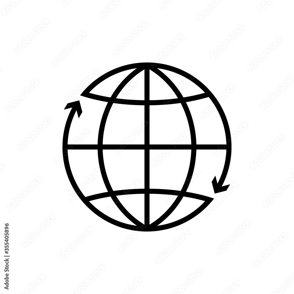 Icono plano lineal globo terráqueo con flechas girando alrededor en color negro Icono plano lineal globo terráqueo con flechas girando alrededor en color negro