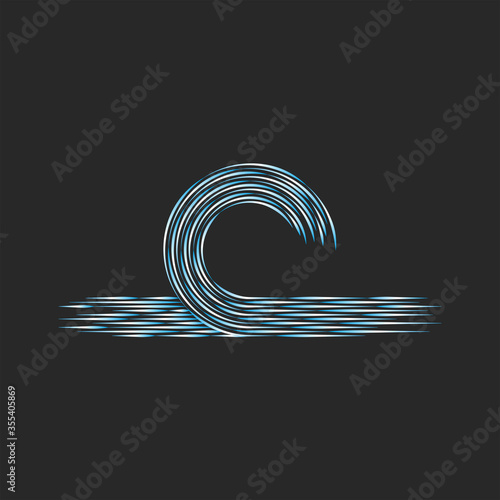 Sea wave logo thin lines design element, blue and white linear graphics on a black background, wave crest fashion print for t-shirts or clothes