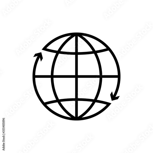 Icono plano lineal globo terráqueo con flechas girando alrededor en color negro