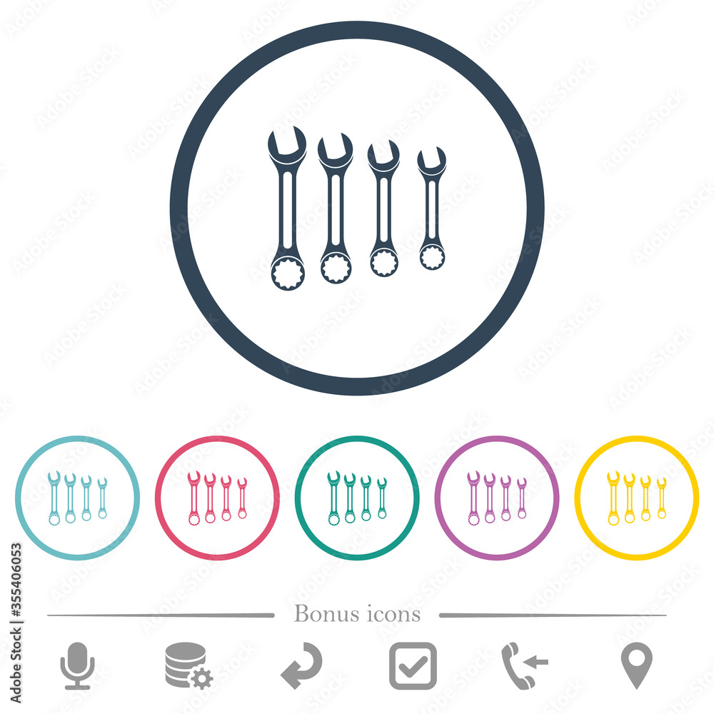 Set of wrenches flat color icons in round outlines Set of wrenches flat color icons in round outlines