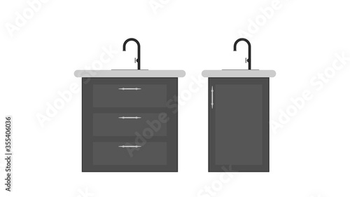 Cupboard with sink and faucet. Black cupboards for the kitchen. Isolated. Vector.