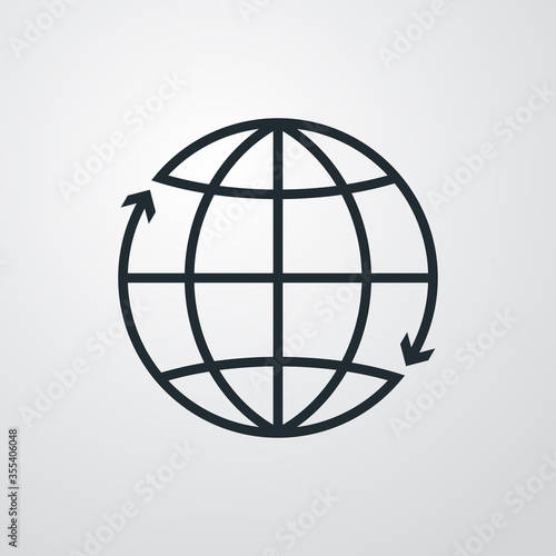 Icono plano lineal globo terráqueo con flechas girando alrededor en fondo gris