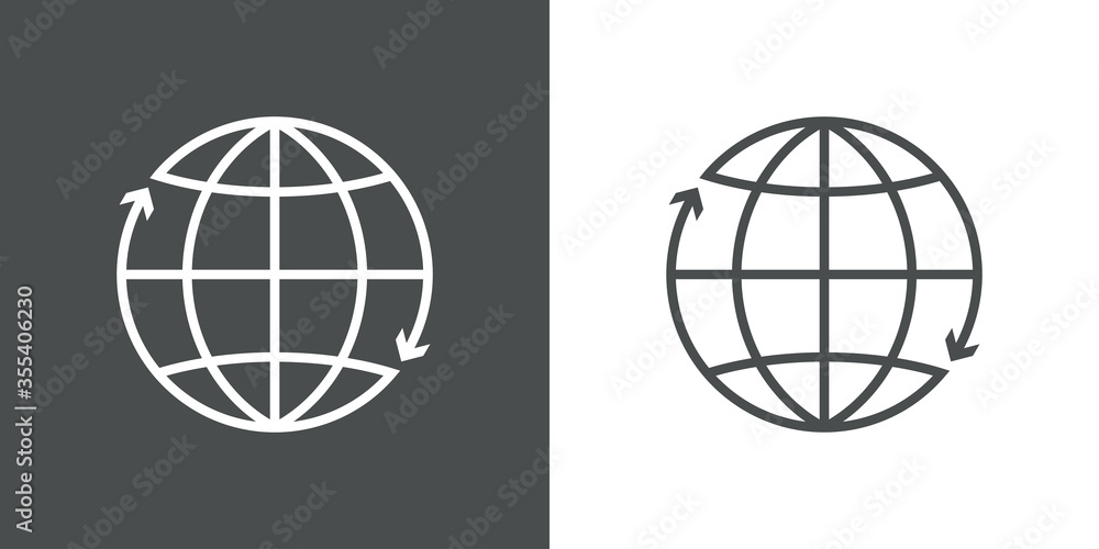 Fototapeta premium Icono plano lineal globo terráqueo con flechas girando alrededor en fondo gris y fondo blanco