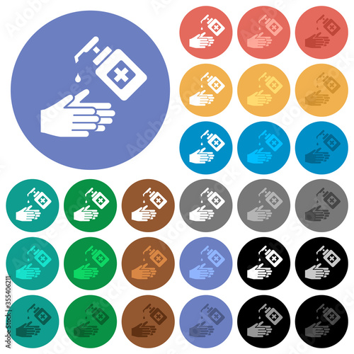 Hand washing with hand sanitizer round flat multi colored icons