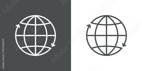Icono plano lineal globo terráqueo con flechas girando alrededor en fondo gris y fondo blanco