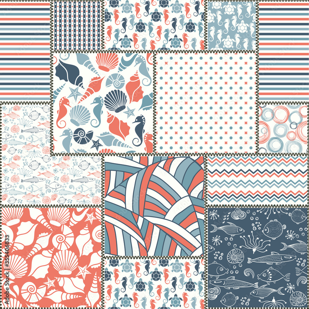 Plakat Seamless abstract patchwork in marine style. Vintage hand made quilt in blue, red and white colors. Hand drawn background in retro colors. Vector illustration