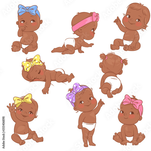 Set with dark skin little baby girl in diaper