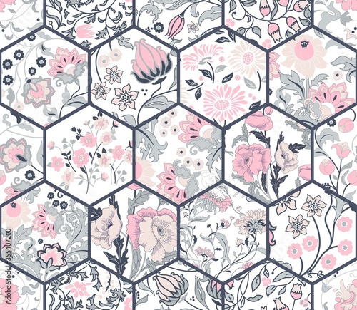 Seamless abstract colorful patchwork pattern from flowers in folk style. Vintage decorative elements. Hand drawn background in retro colors. Vector illustration
