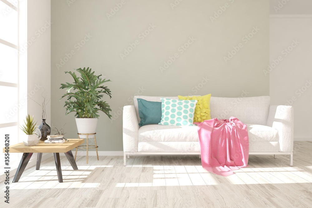 Fototapeta premium White stylish minimalist room with sofa. Scandinavian interior design. 3D illustration