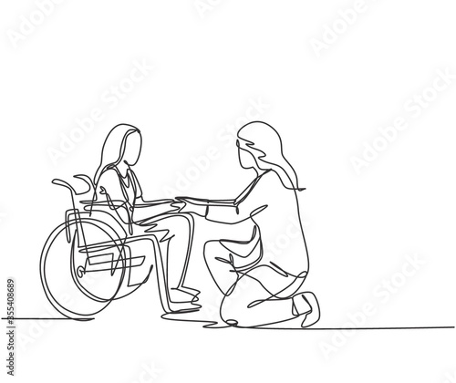 One line drawing of young doctor visiting and handshaking the old patient with wheelchair in hospital. Health care service concept. continuous line drawing vector illustration