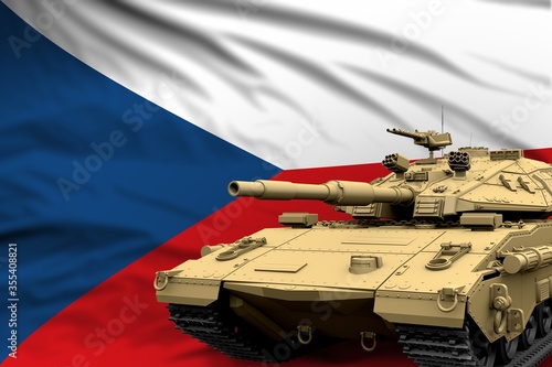 Heavy tank with fictional design on Czechia flag background - modern tank army forces concept, military 3D Illustration