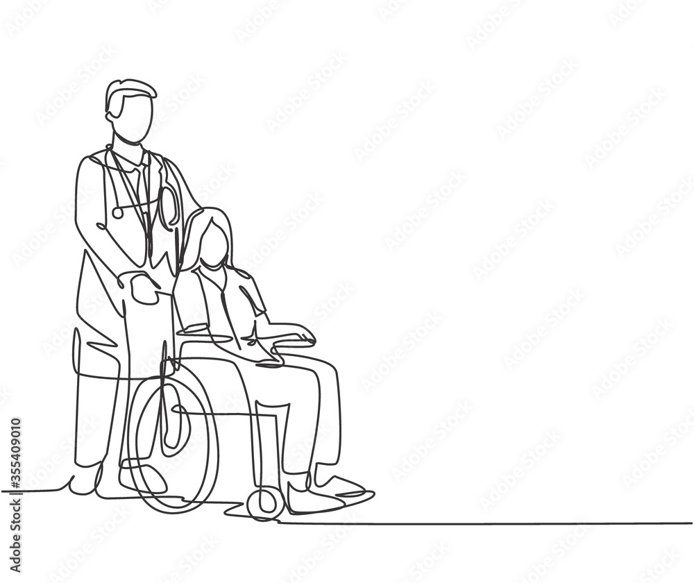 One line drawing of young doctor visiting and handshaking the old patient with wheelchair in hospital. Healthcare concept. Continuous line drawing vector illustration One line drawing of young doctor visiting and handshaking the old patient with wheelchair in hospital. Healthcare concept. Continuous line drawing vector illustration