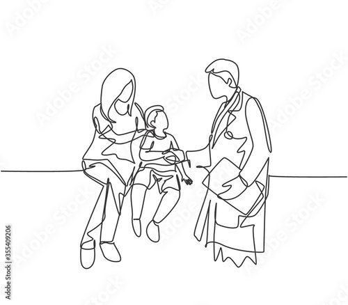 One line drawing of doctor handshaking young patient and check up his condition. Health care medical condition concept. continuous line drawing vector illustration