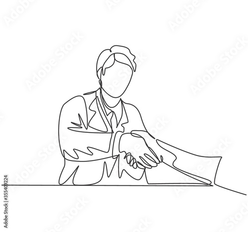 Continuous line drawing of young doctor handshake the patient in hospital after running test on lab. Healthcare medical check up concept. One line drawing vector illustration