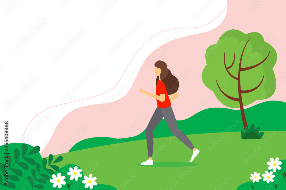Concept illustration for healthy lifestyle, exercising, jogging. Woman running in the park. Cute vector illustration in flat style.