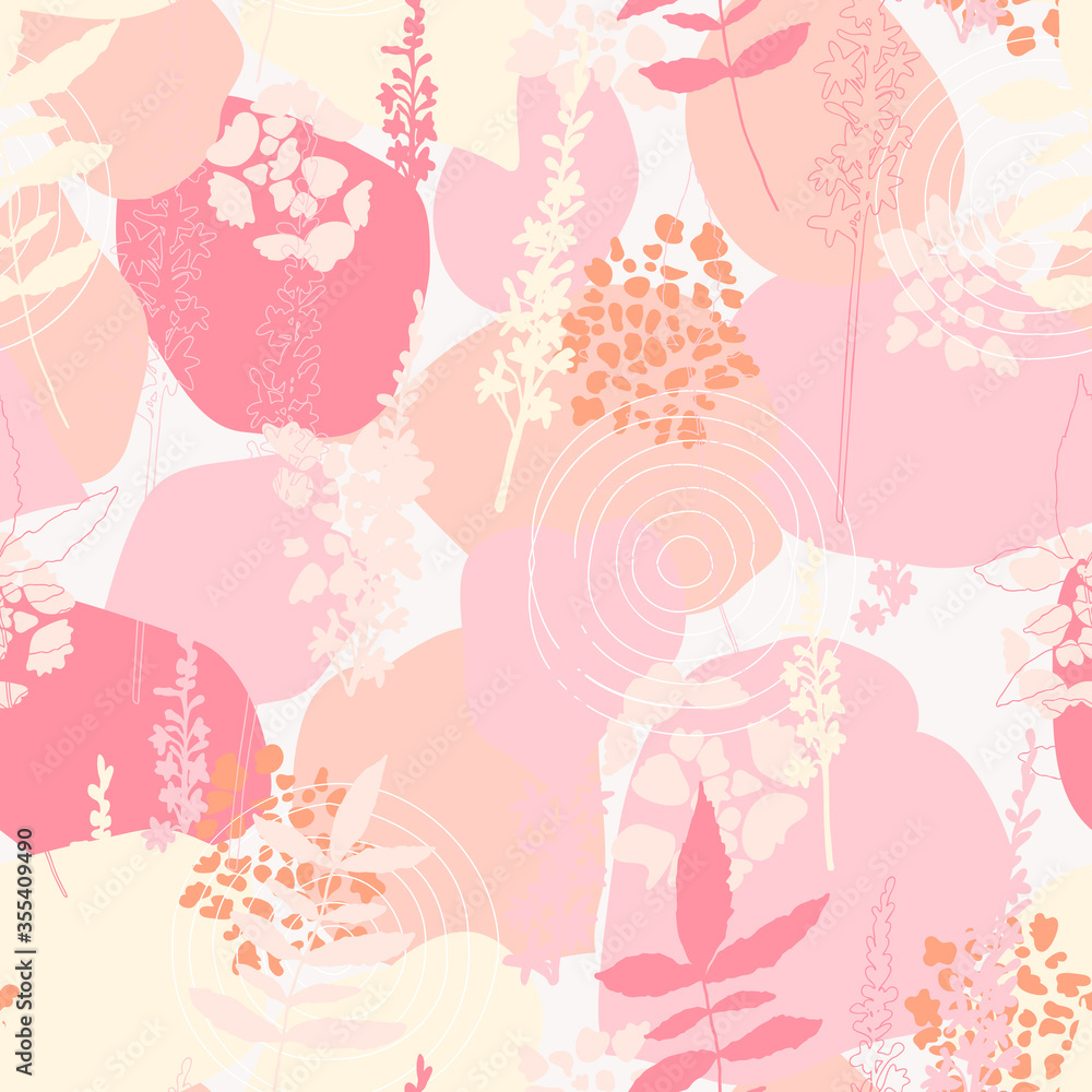 Vector organic seamless abstract background, botanical motif with stylized leaves, flowers and simple geometric shapes. Hand drawn agrimony flowers, hydrangea leaves in pastel colors. Floral pattern
