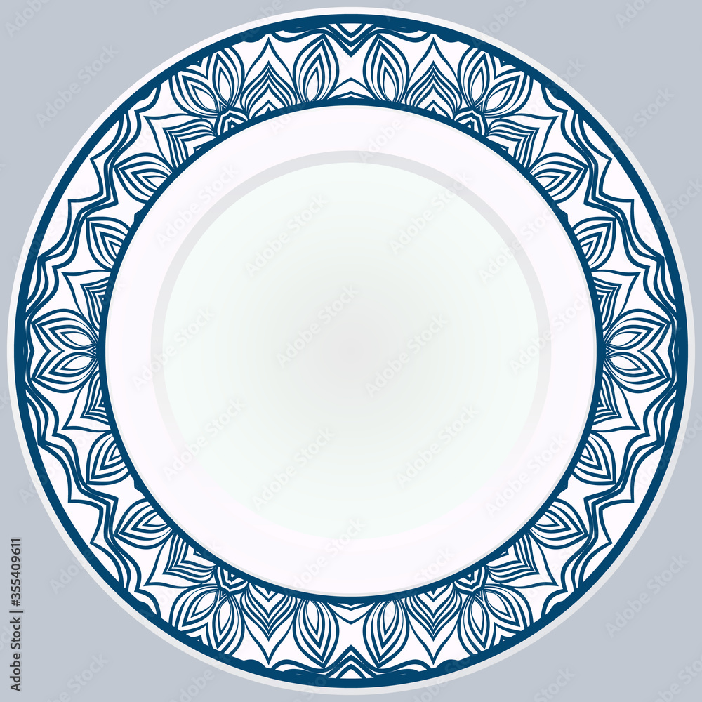 Decorative plate with round ornament in ethnic style. Fashion background with ornate dish. Vector illustration. Decorative plate with round ornament in ethnic style. Fashion background with ornate dish. Vector illustration.