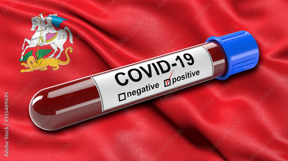Obraz premium Flag of Moscow Oblast waving in the wind with a positive Covid-19 blood test tube. 3D illustration concept for blood testing for diagnosis of the new Corona virus.