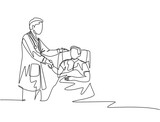 Continuous line drawing of young doctor visit a patient laying at bed in hospital and handshaking him to ask the condition - one line drawing vector