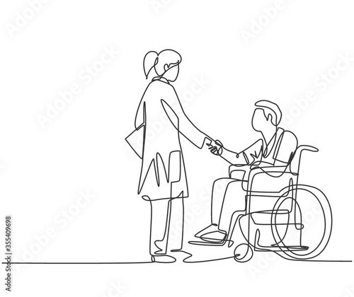 One line drawing of young female doctor visiting and handshaking the patient with wheelchair in hospital. Continuous line drawing design, vector illustration