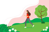 Concept illustration for healthy lifestyle, exercising, jogging. Woman running in the park. Cute vector illustration in flat style.