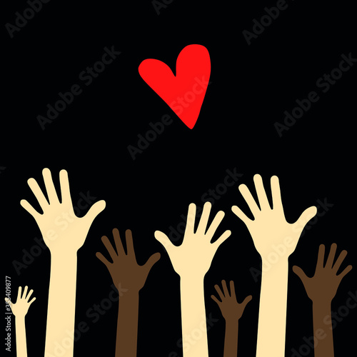  Vector illustration. Raised hands of people of different nations .heart
