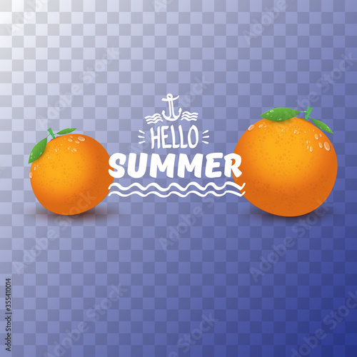 Vector Hello Summer party label or flyer Design template with fresh orange fruit transparent on abstract background. Hello summer concept label or poster with fruit and letternig text photo