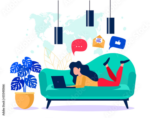 Girl with a laptop laying on the coach. Freelance concept. Online work vector illustration.