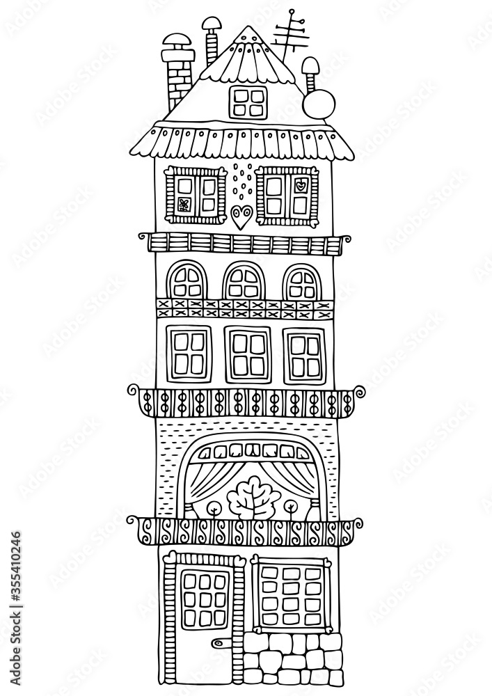 Tall house with terraces and hearts. Hand drawn picture. Sketch for anti-stress adult coloring book in zentangle style. Vector illustration  for coloring page.