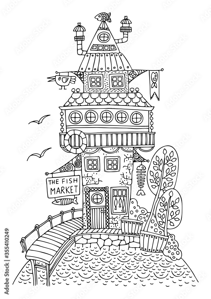 Hand drawn house. The fairytale fish market with the signboard on the  seashore. Sketch for anti-stress adult coloring book in zen-tangle style.  Vector illustration for coloring page. Stock Vector